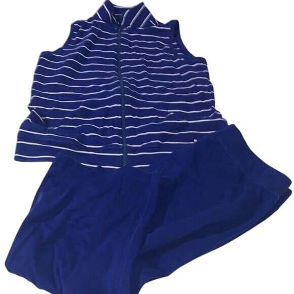 Sleeveless Blue & White Striped Zip-Up Vest And Crop Pants Set - Picture 1 of 13
